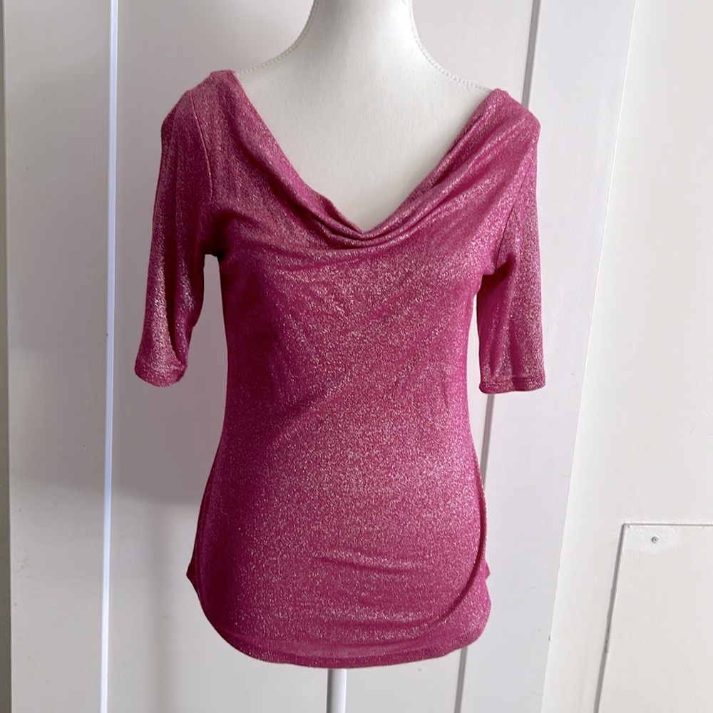 Pink metallic cowl neck 3/4 leng sleeve festive top